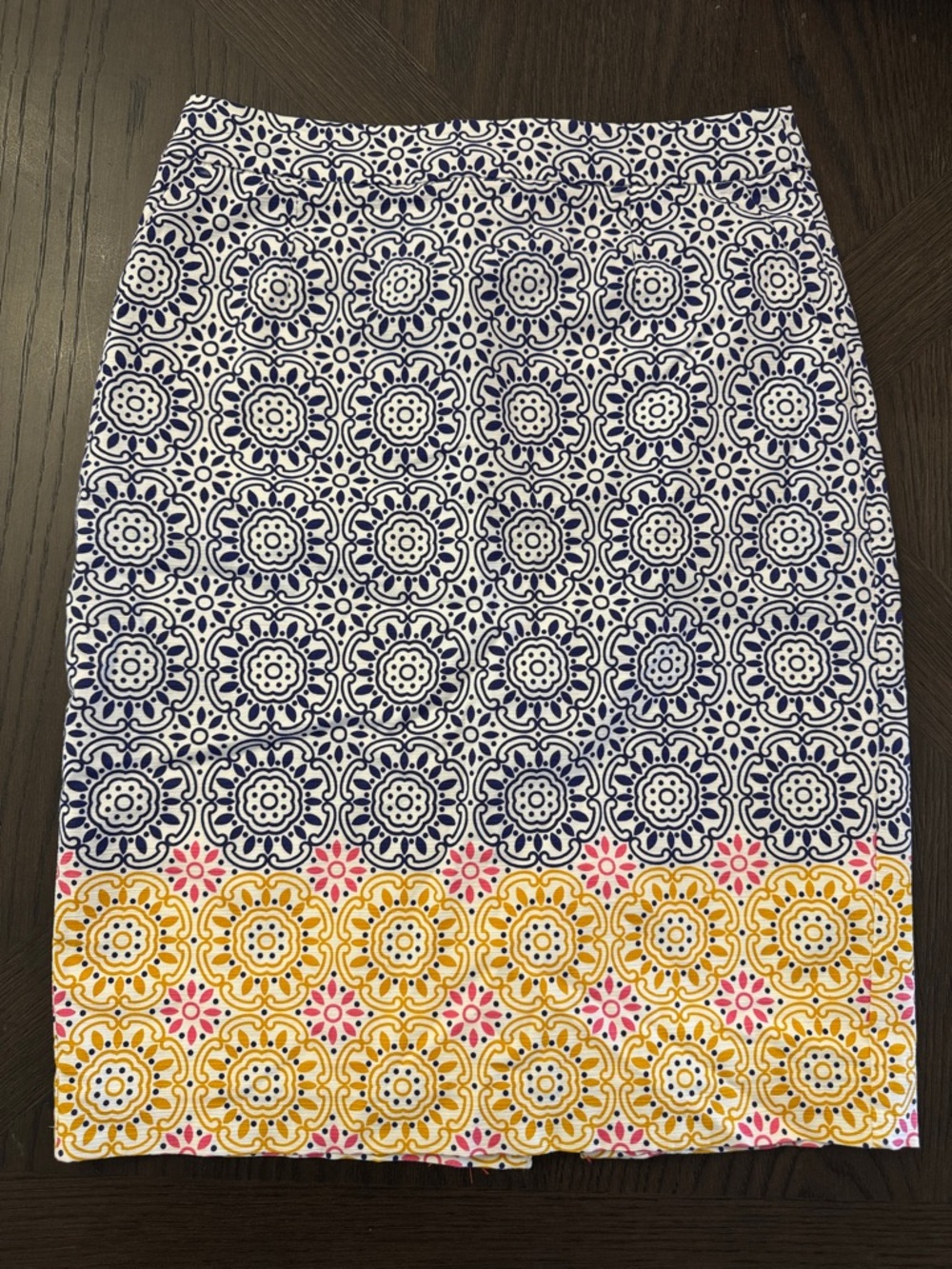 Boden Navy Pencil Skirt with Yellow & Pink Medallion Border